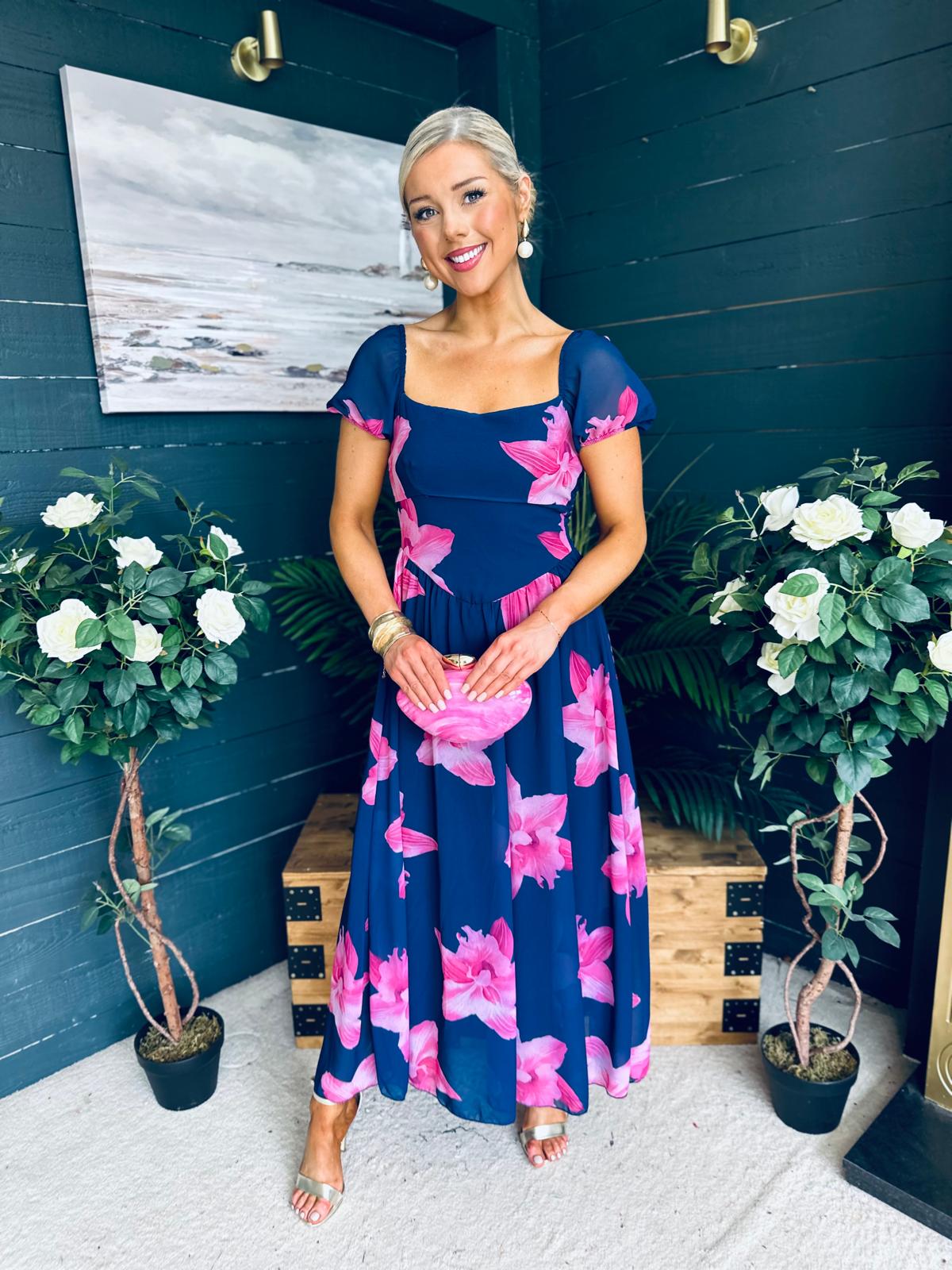 Dione Banded Midi Dress Floral Navy/Pink