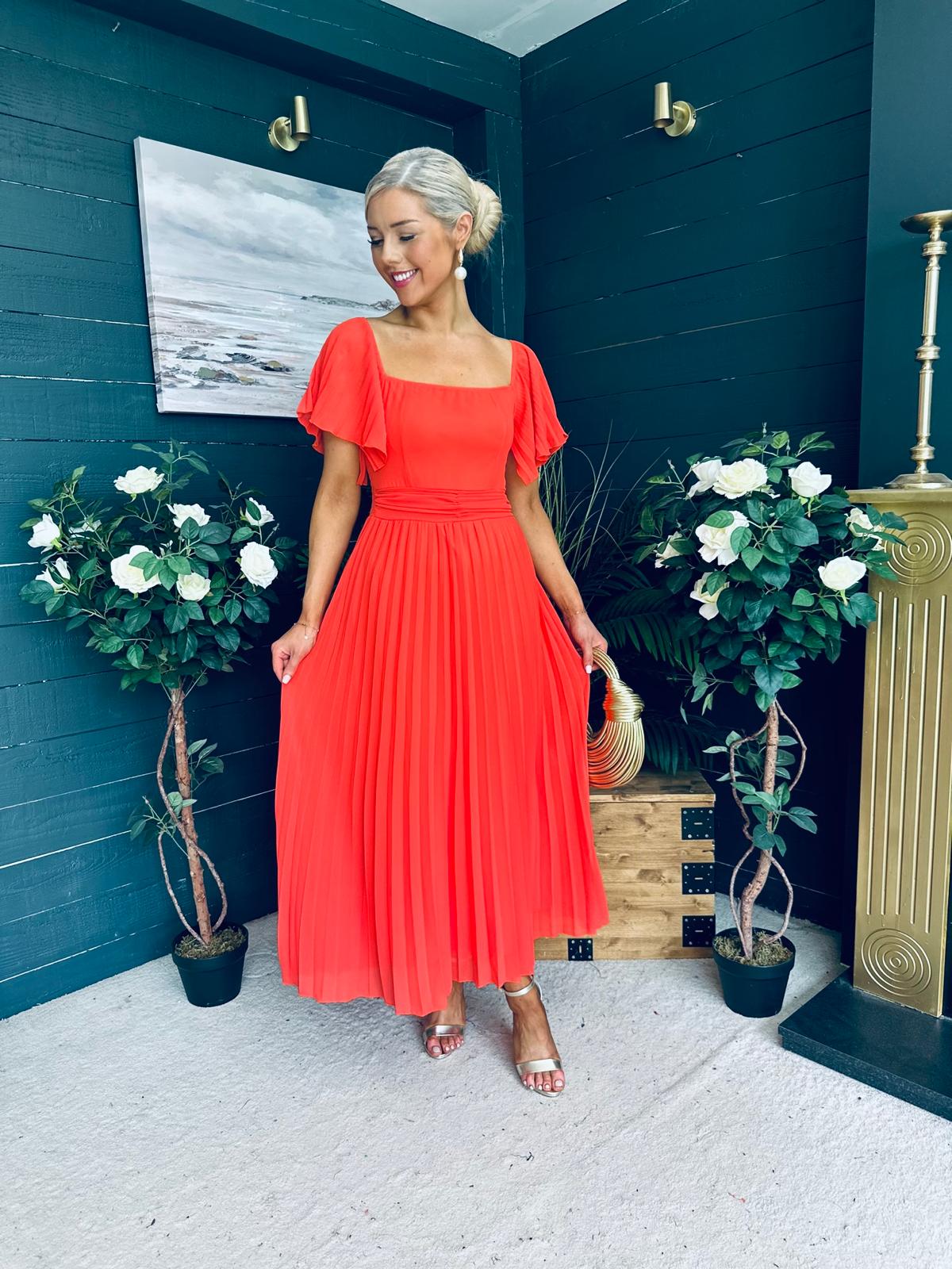 Selma Pleated Midi Dress Coral