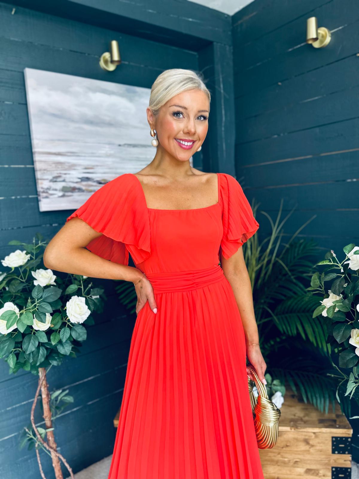 Selma Pleated Midi Dress Coral