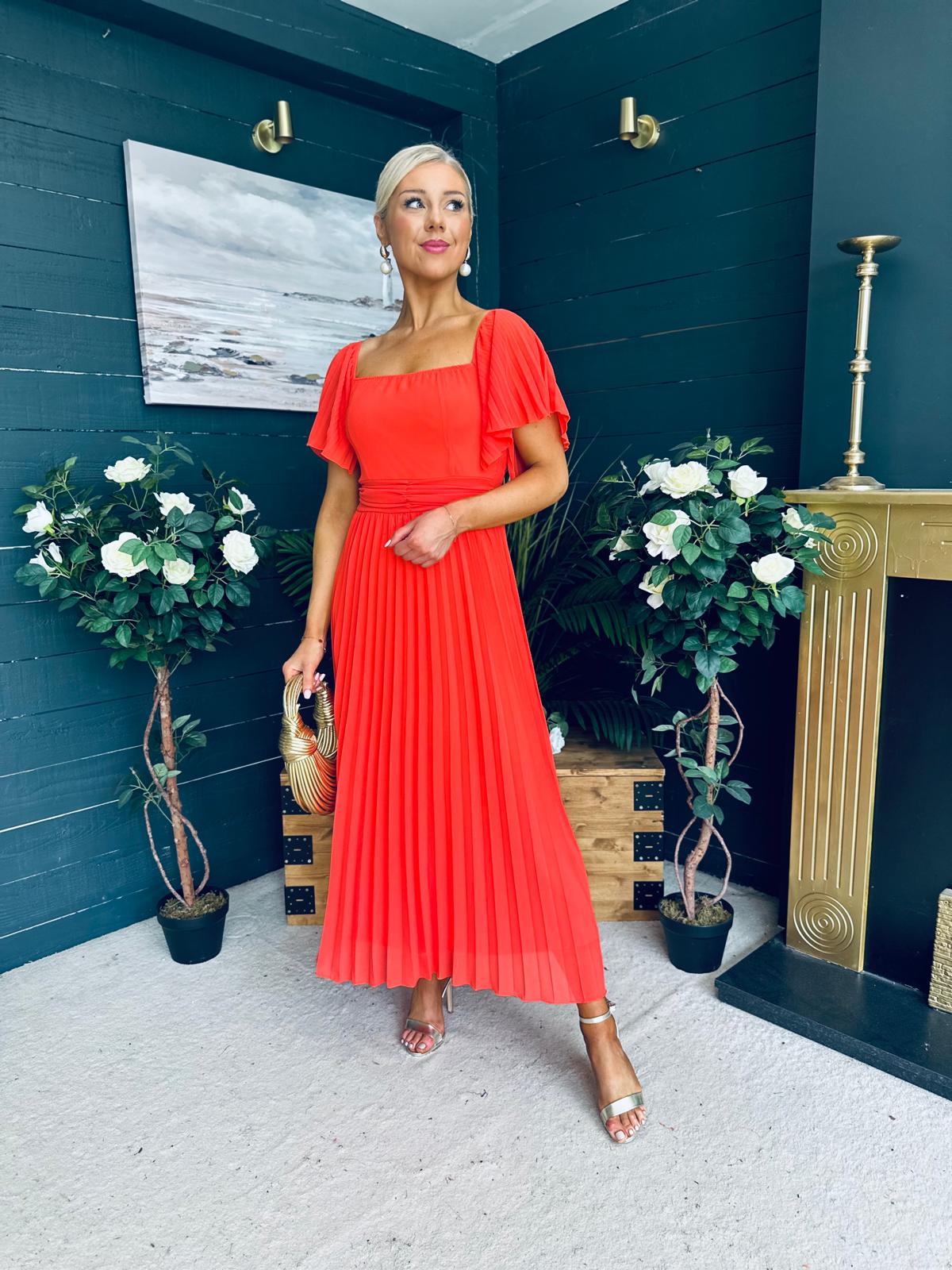 Selma Pleated Midi Dress Coral