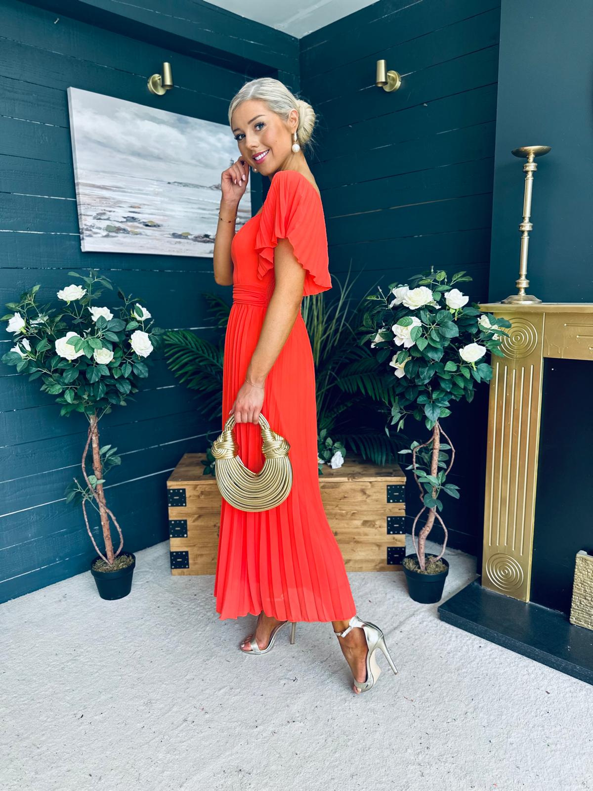 Selma Pleated Midi Dress Coral