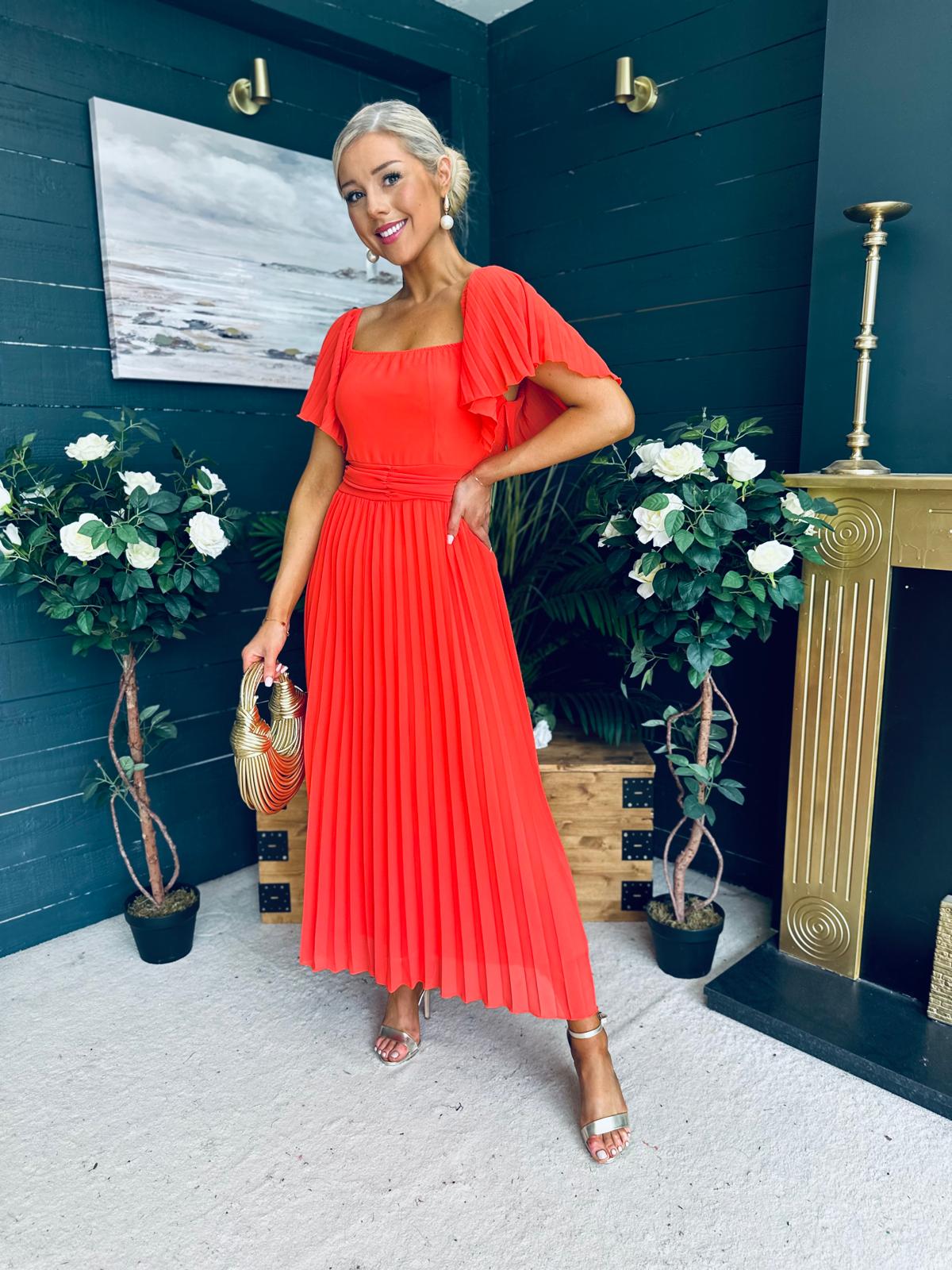 Selma Pleated Midi Dress Coral