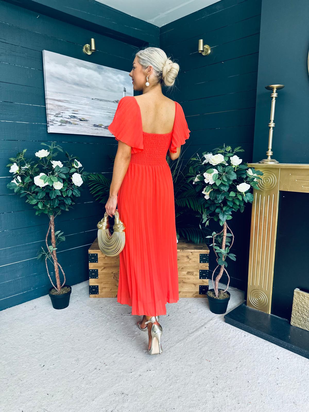 Selma Pleated Midi Dress Coral