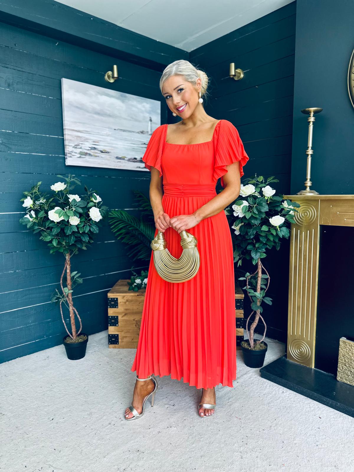 Selma Pleated Midi Dress Coral