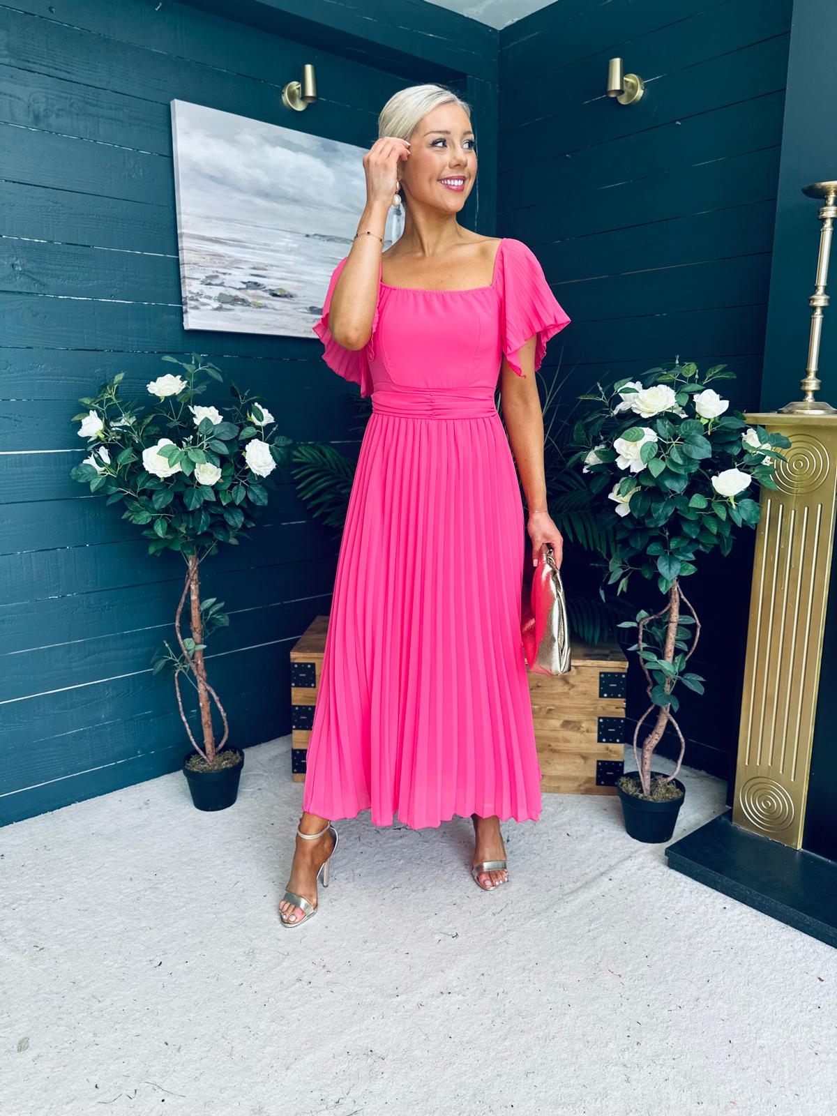 Selma Pleated Midi Dress Fuchsia