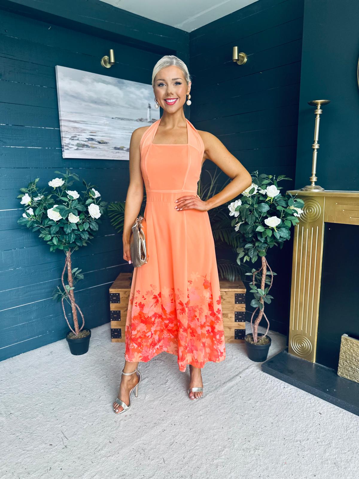 Clodagh Halterneck Midi Dress Floral Peach