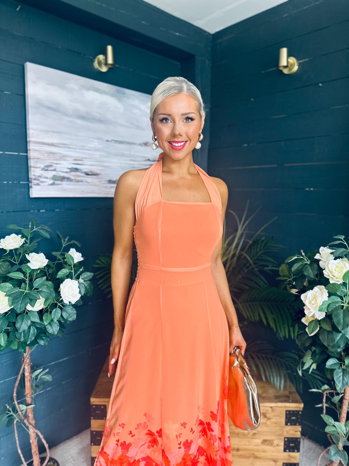 Clodagh Halterneck Midi Dress Floral Peach