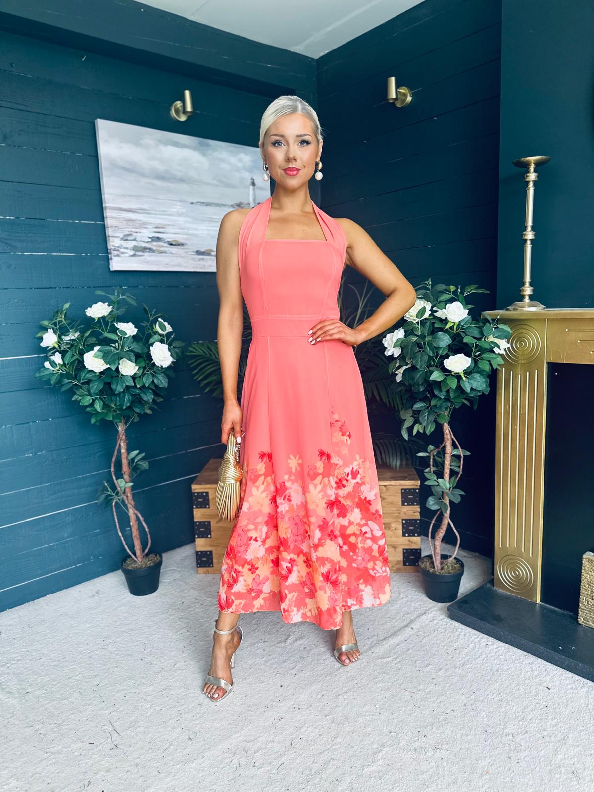 Clodagh Halterneck Midi Dress Floral Coral