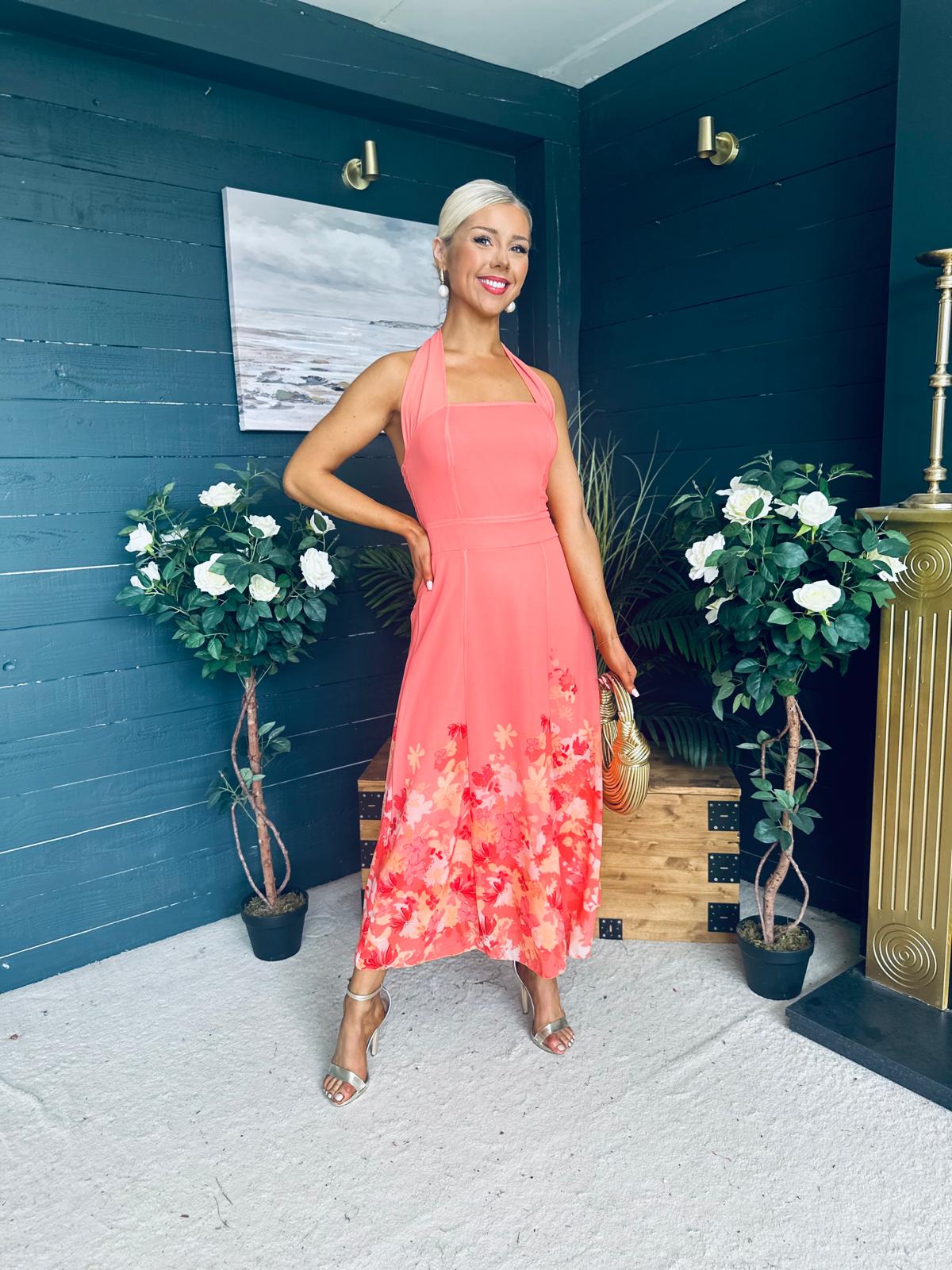 Clodagh Halterneck Midi Dress Floral Coral