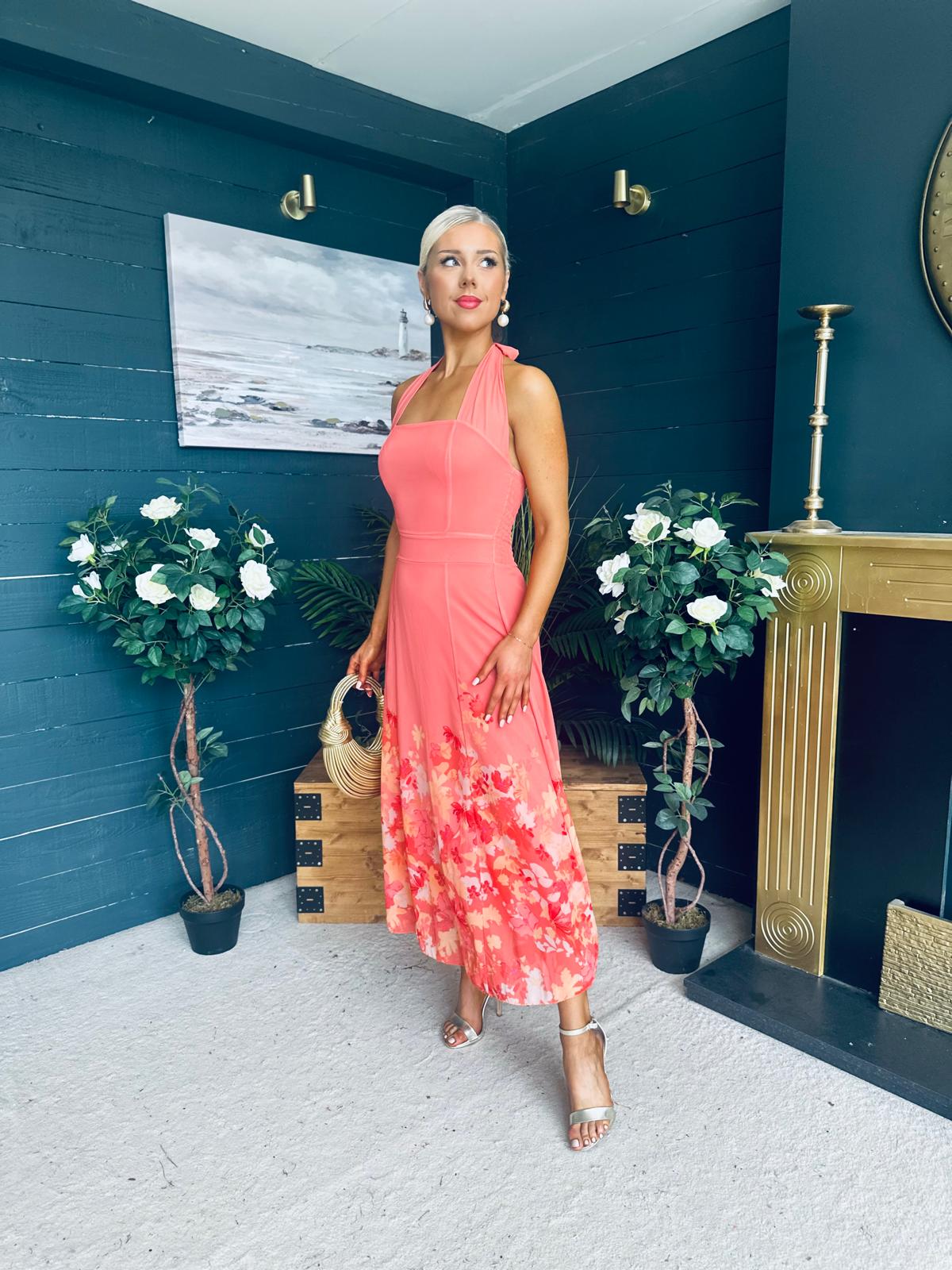 Clodagh Halterneck Midi Dress Floral Coral