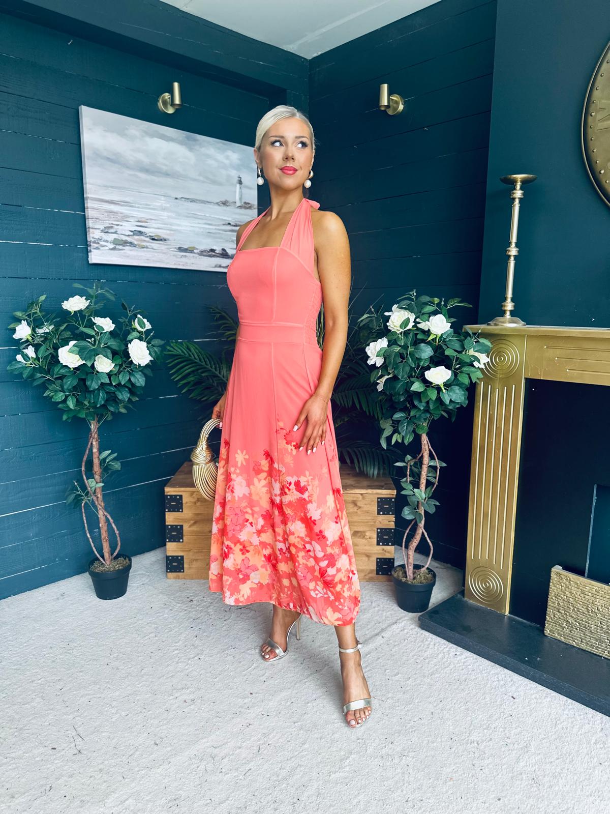 Clodagh Halterneck Midi Dress Floral Coral