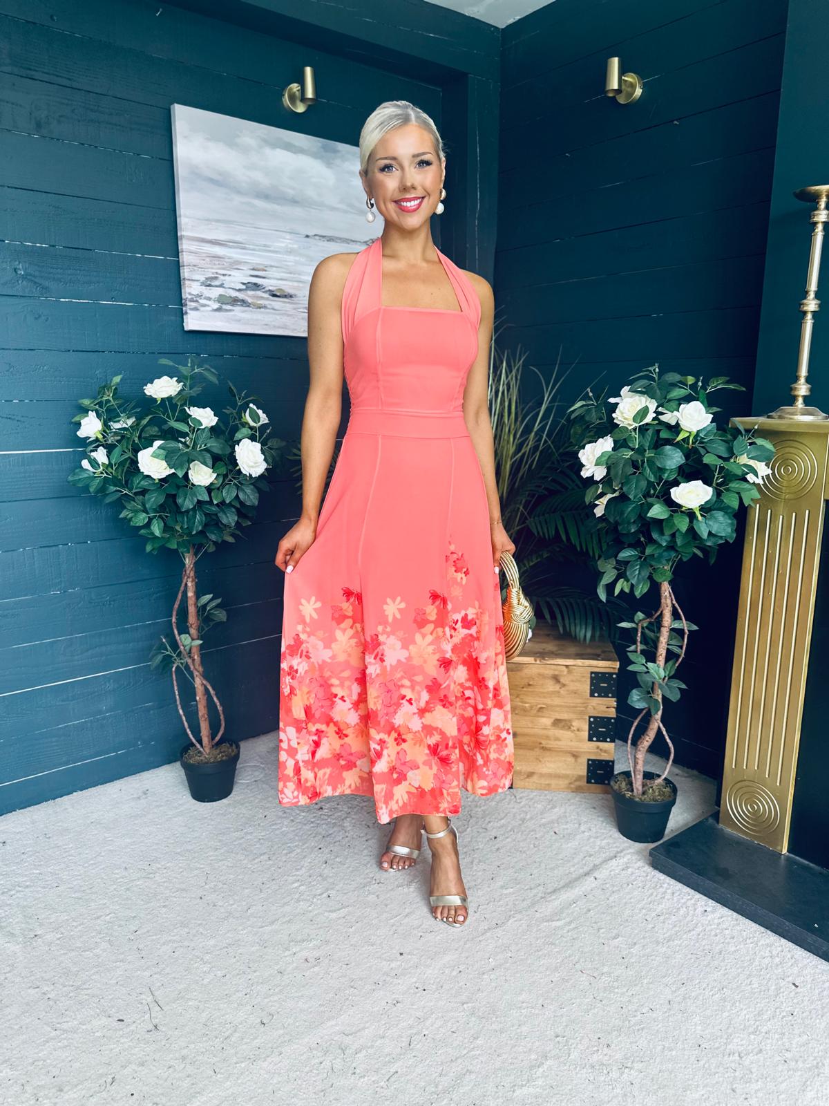 Clodagh Halterneck Midi Dress Floral Coral
