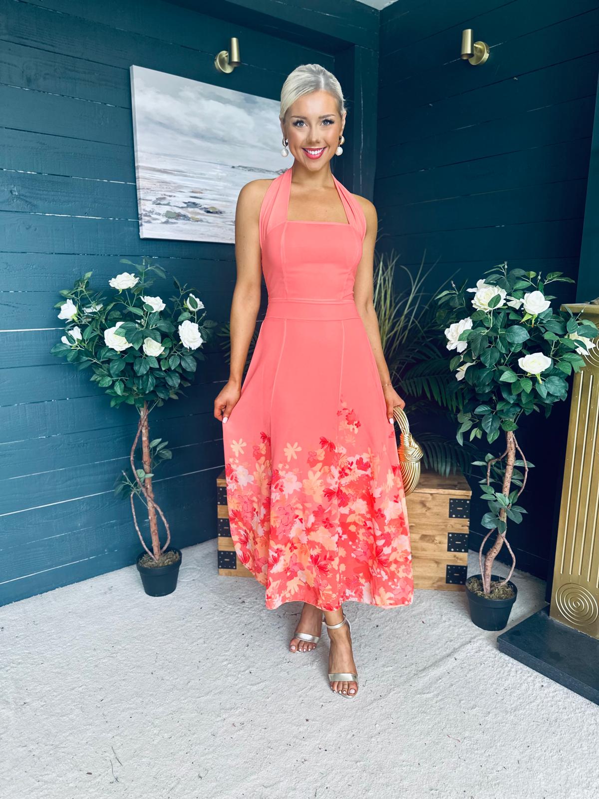Clodagh Halterneck Midi Dress Floral Coral