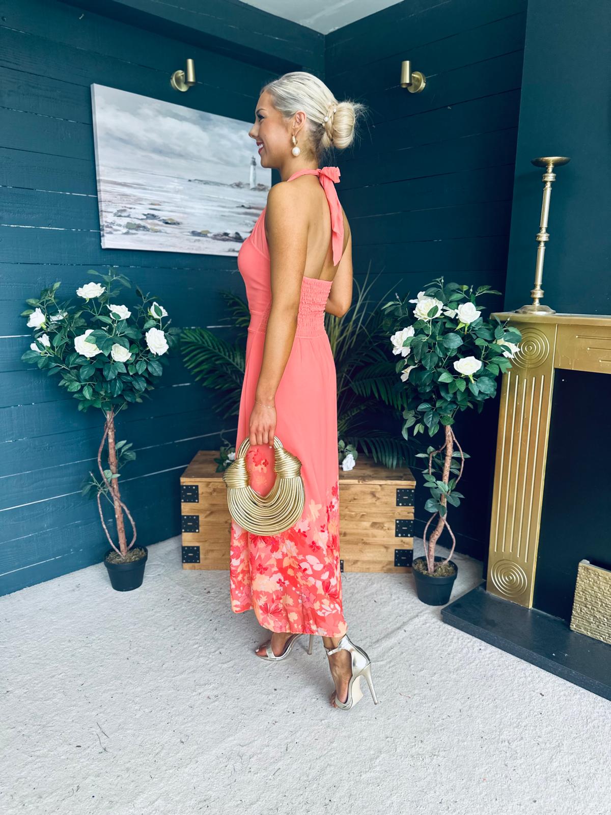 Clodagh Halterneck Midi Dress Floral Coral