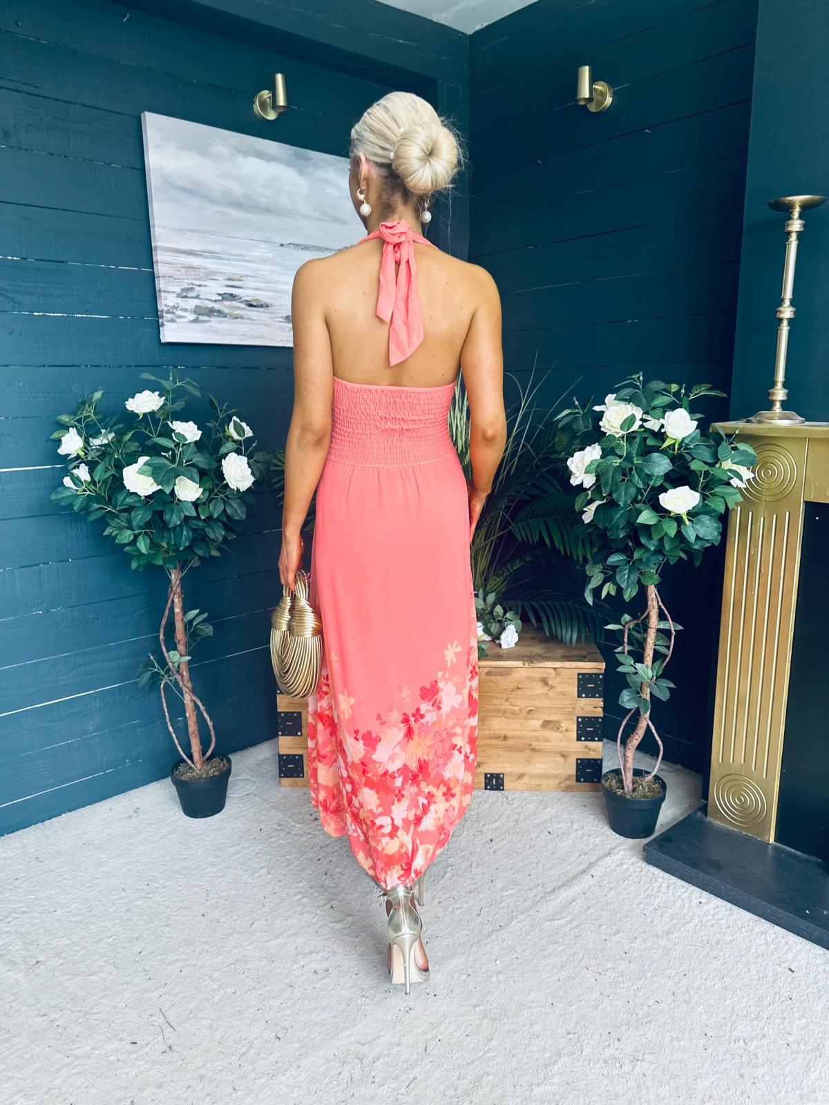 Clodagh Halterneck Midi Dress Floral Coral