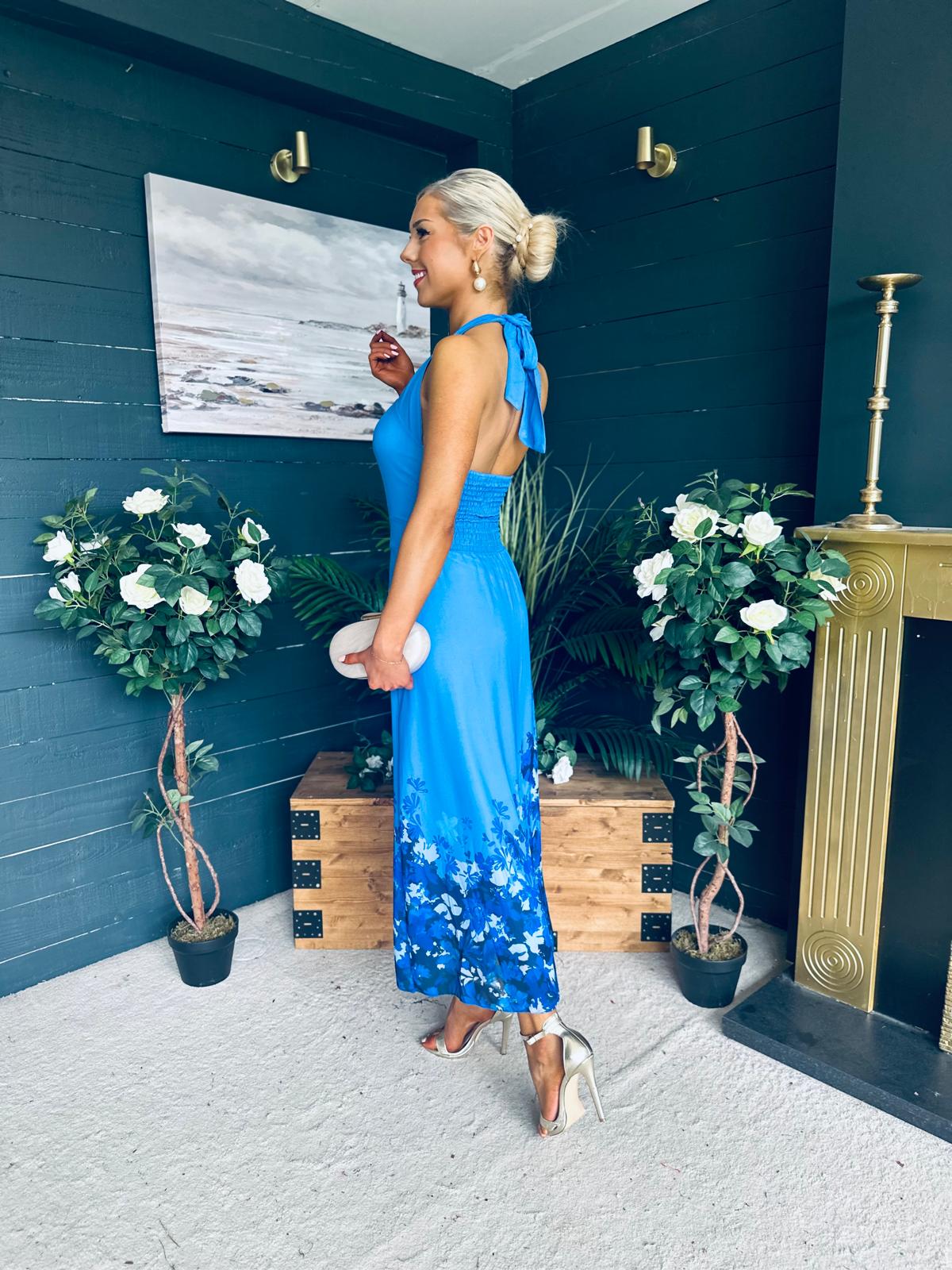 Clodagh Halterneck Midi Dress Floral Blue