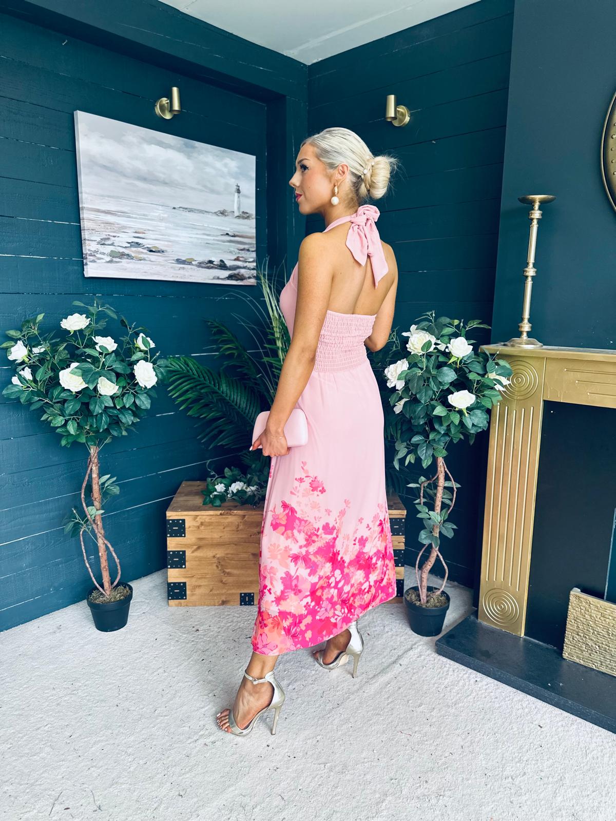 Clodagh Halterneck Midi Dress Floral Pink
