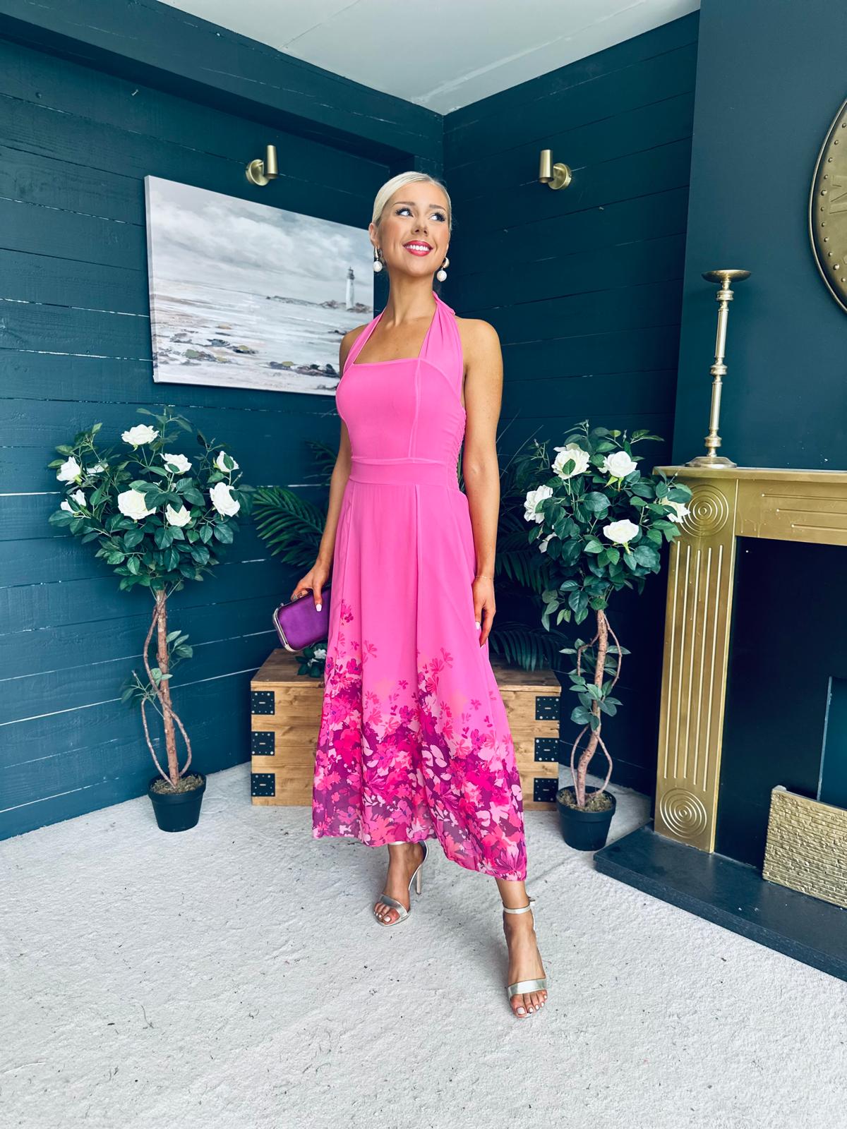 Clodagh Halterneck Midi Dress Floral Fuchsia