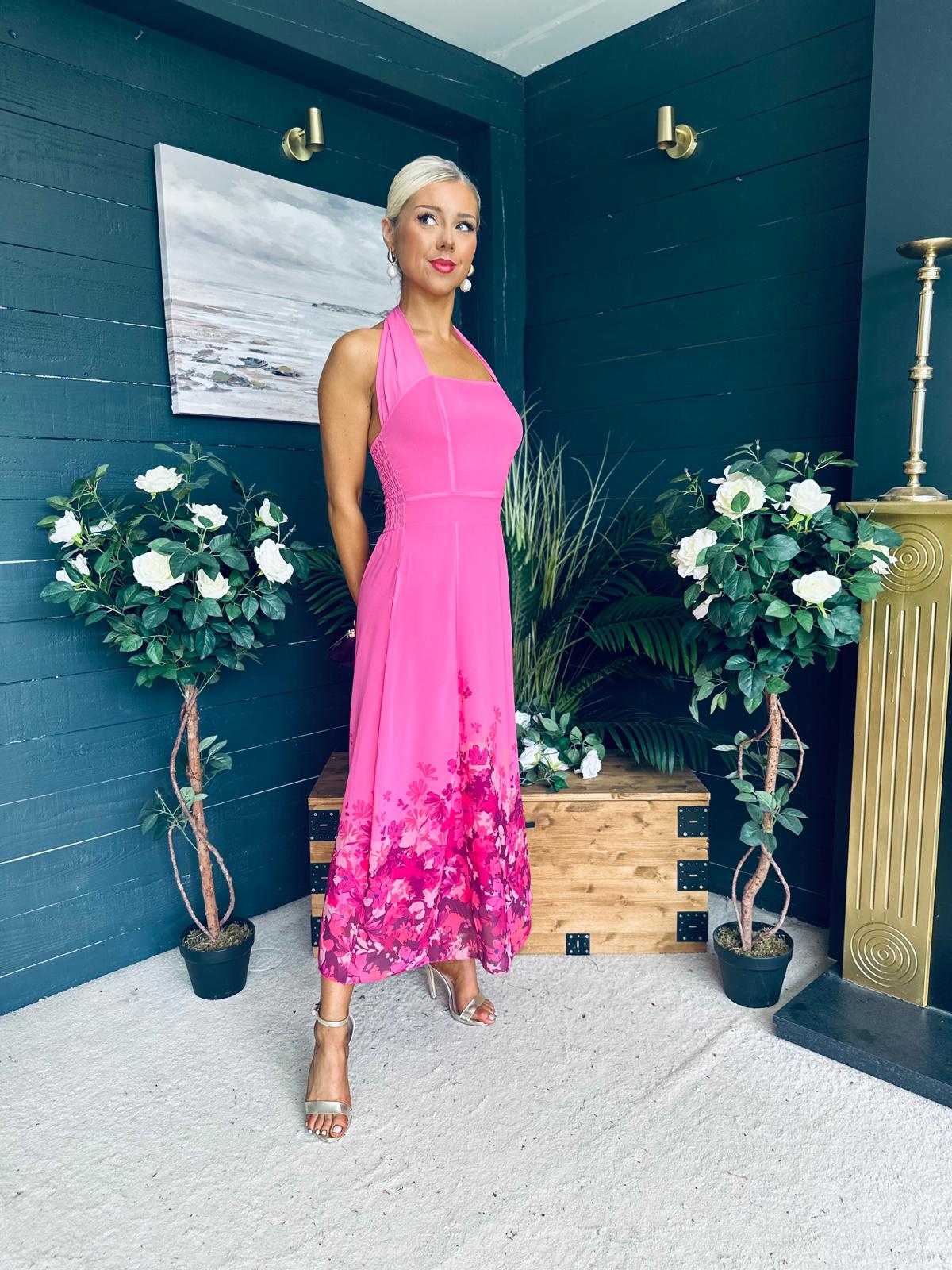 Clodagh Halterneck Midi Dress Floral Fuchsia