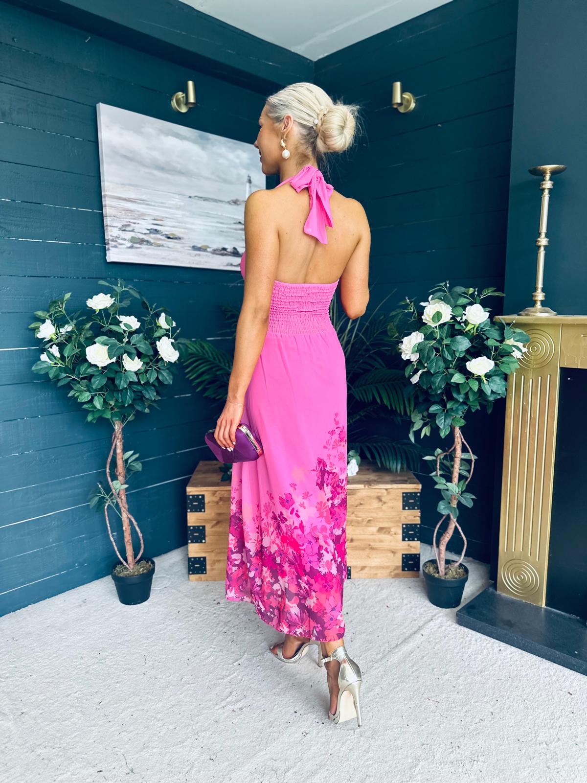 Clodagh Halterneck Midi Dress Floral Fuchsia
