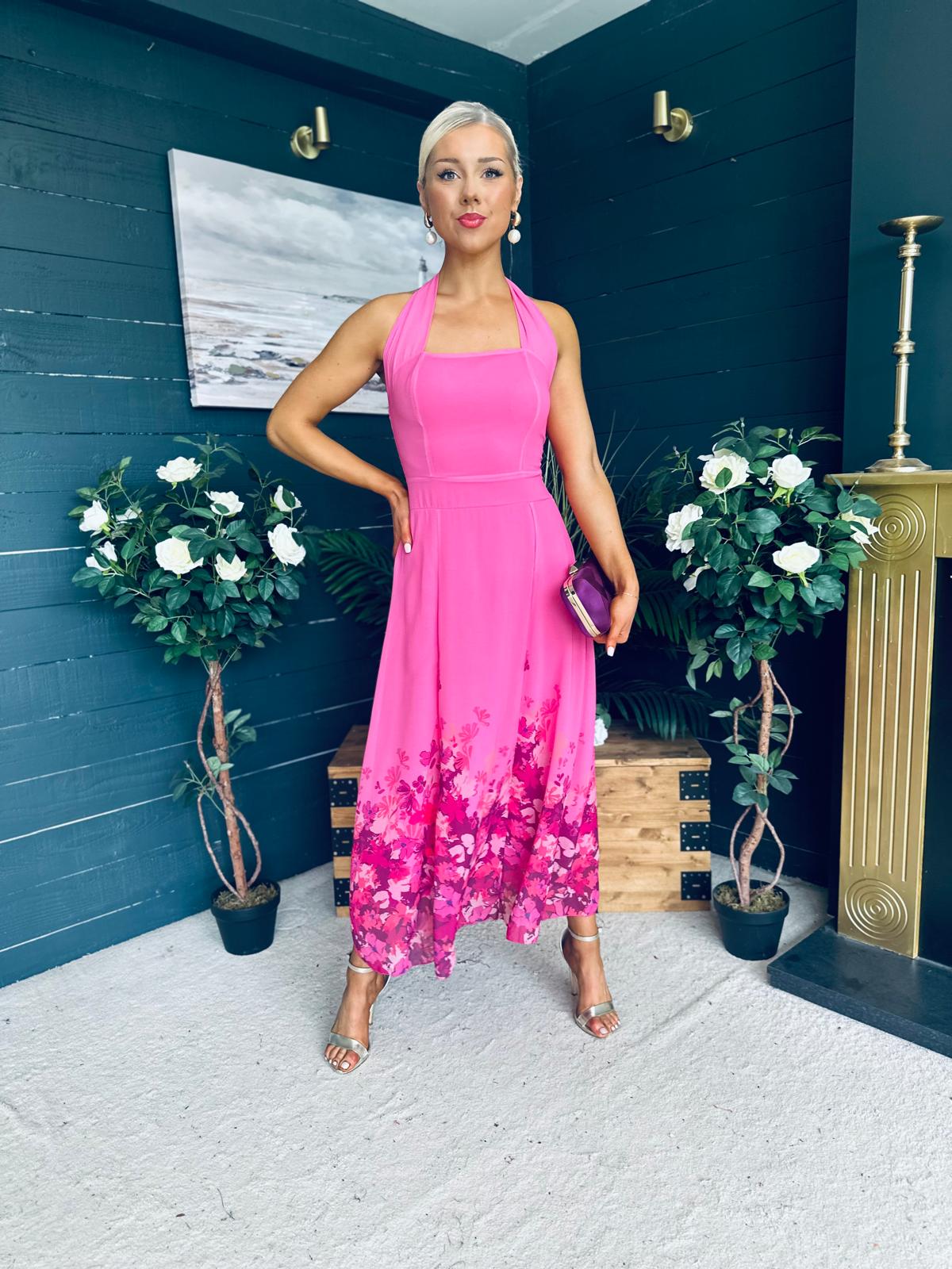 Clodagh Halterneck Midi Dress Floral Fuchsia
