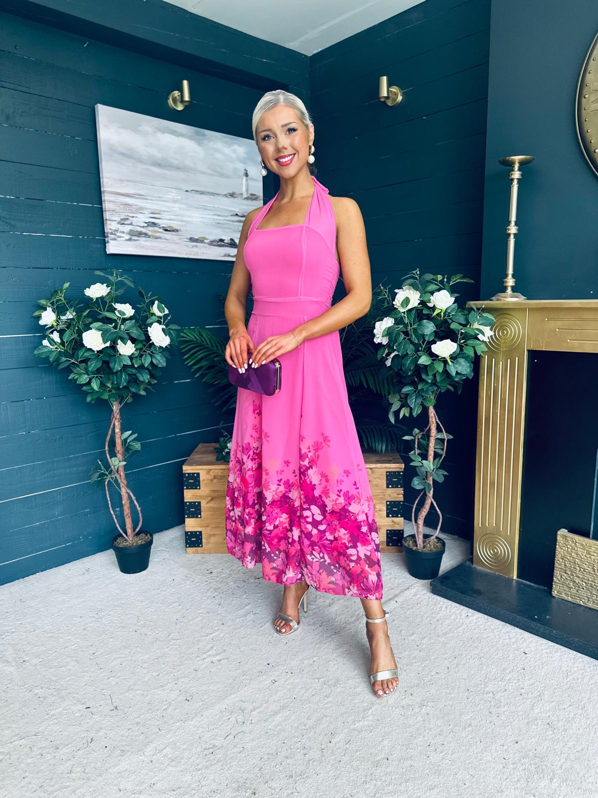 Clodagh Halterneck Midi Dress Floral Fuchsia