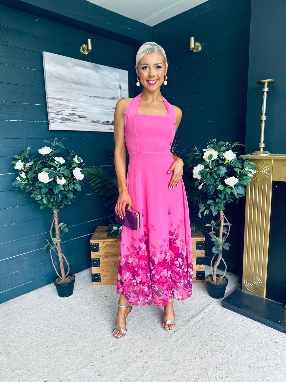 Clodagh Halterneck Midi Dress Floral Fuchsia