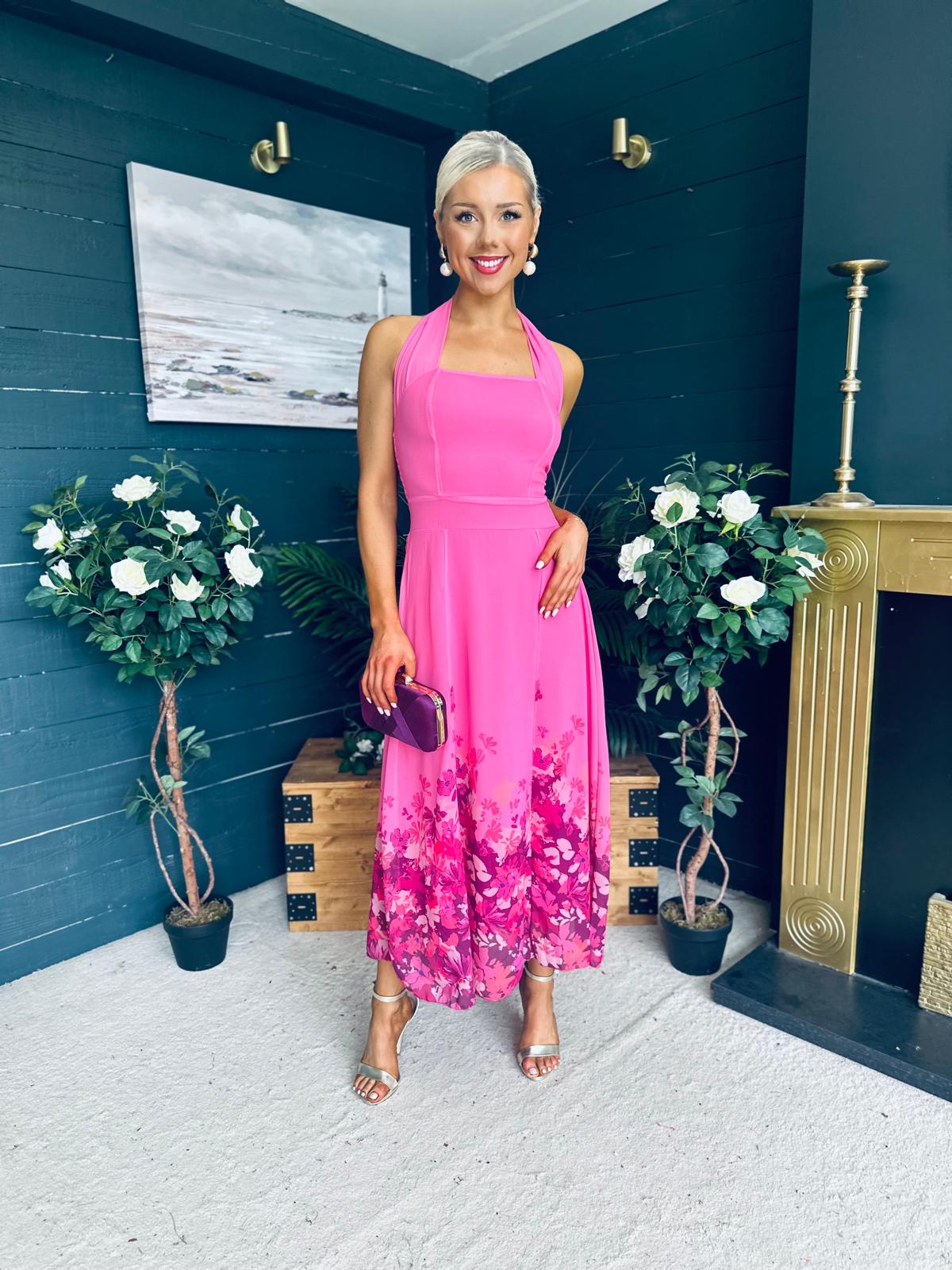 Clodagh Halterneck Midi Dress Floral Fuchsia