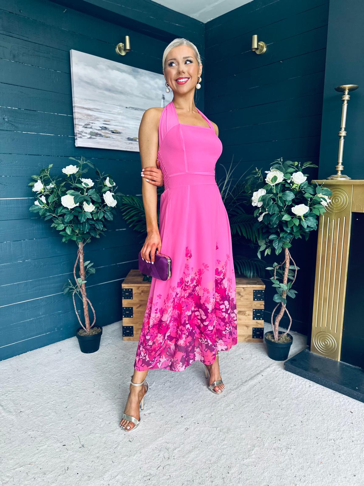 Clodagh Halterneck Midi Dress Floral Fuchsia