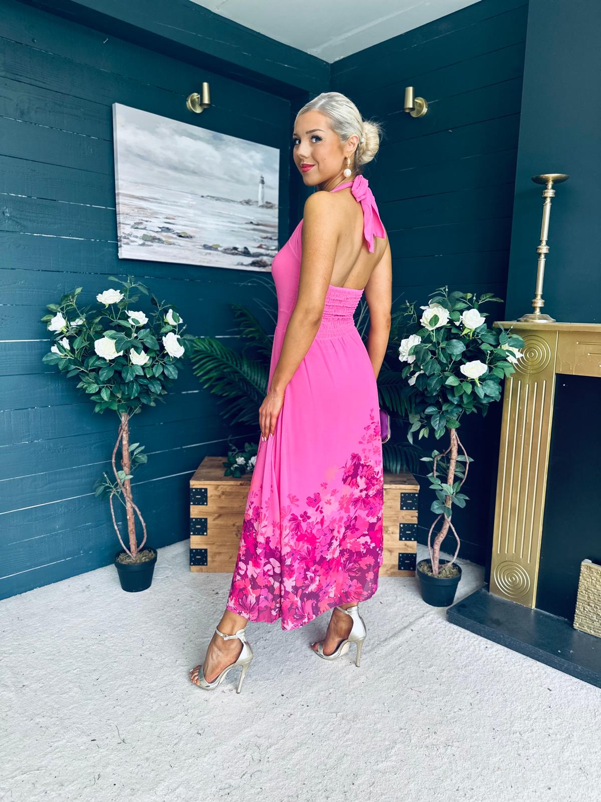 Clodagh Halterneck Midi Dress Floral Fuchsia