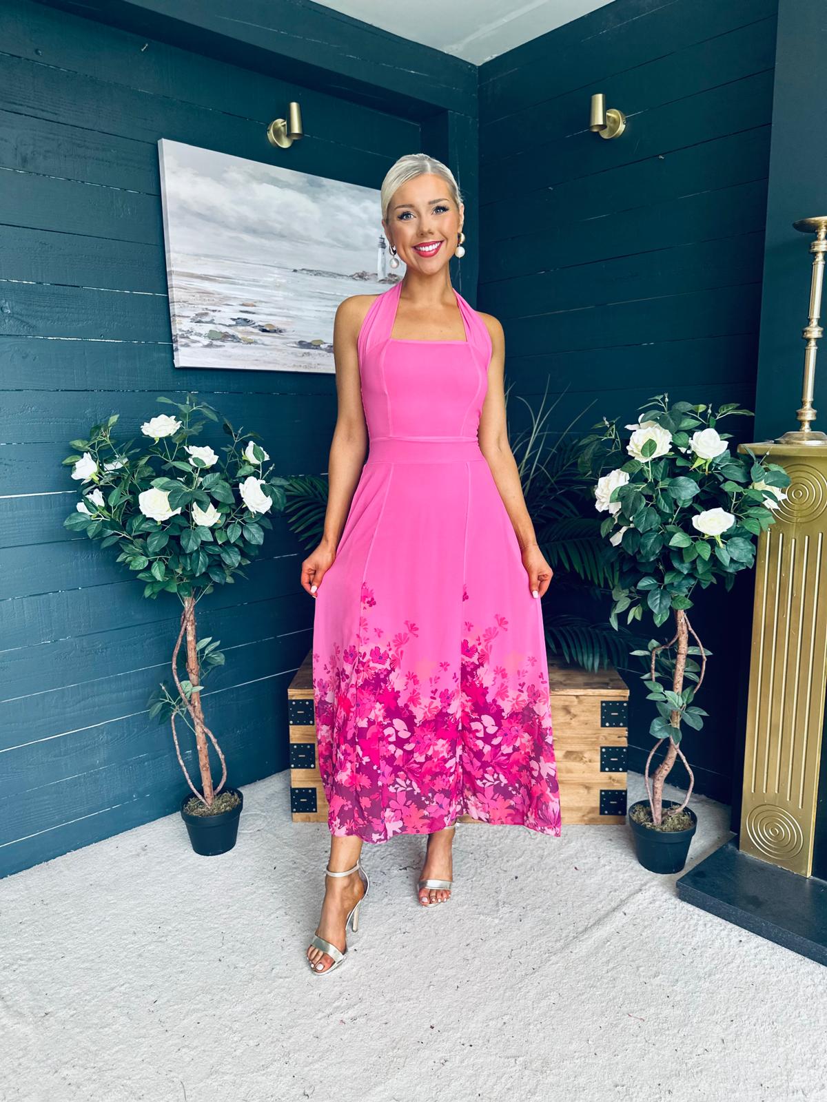 Clodagh Halterneck Midi Dress Floral Fuchsia