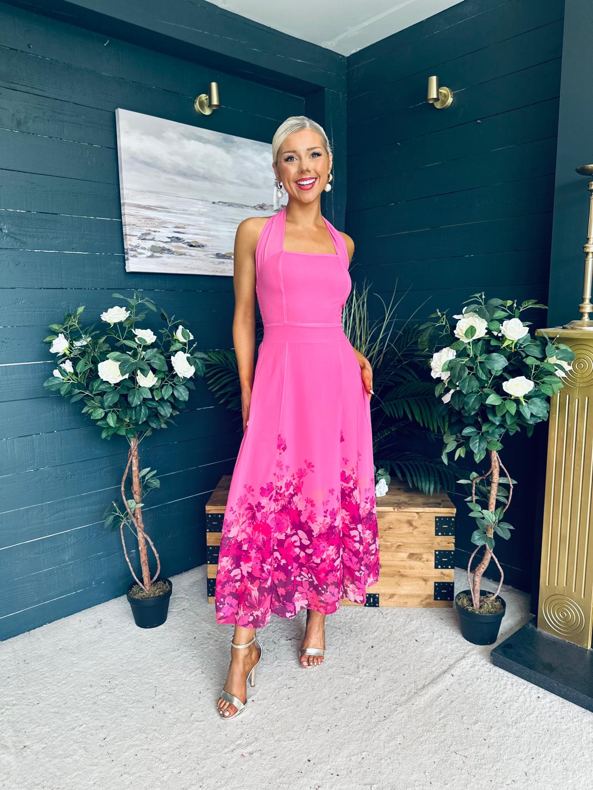 Clodagh Halterneck Midi Dress Floral Fuchsia