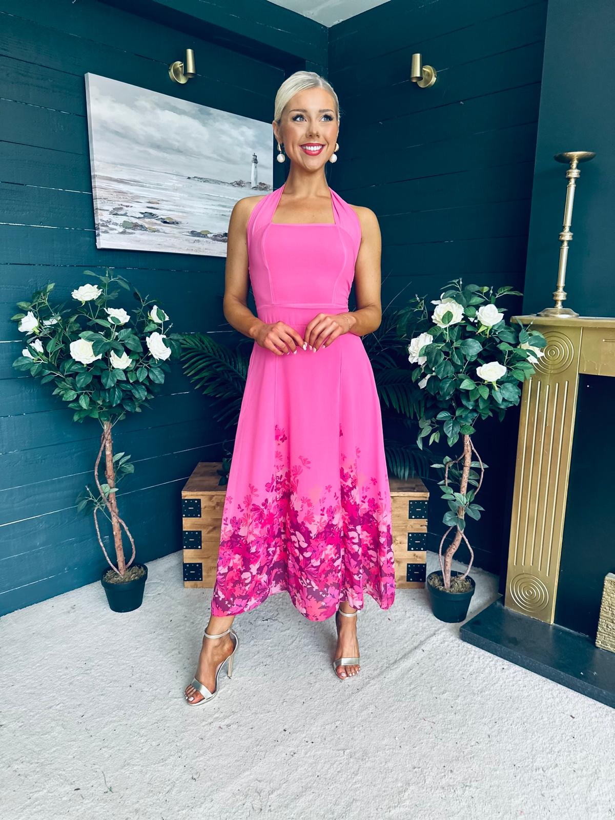 Clodagh Halterneck Midi Dress Floral Fuchsia
