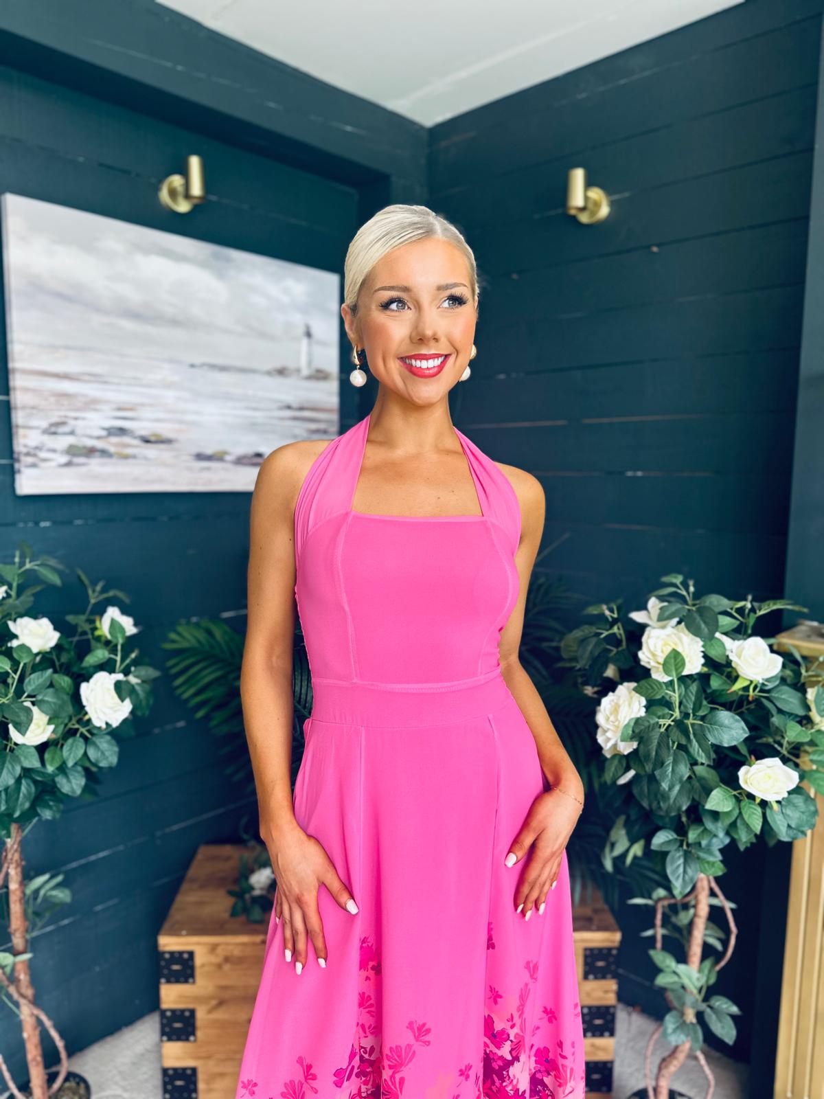 Clodagh Halterneck Midi Dress Floral Fuchsia