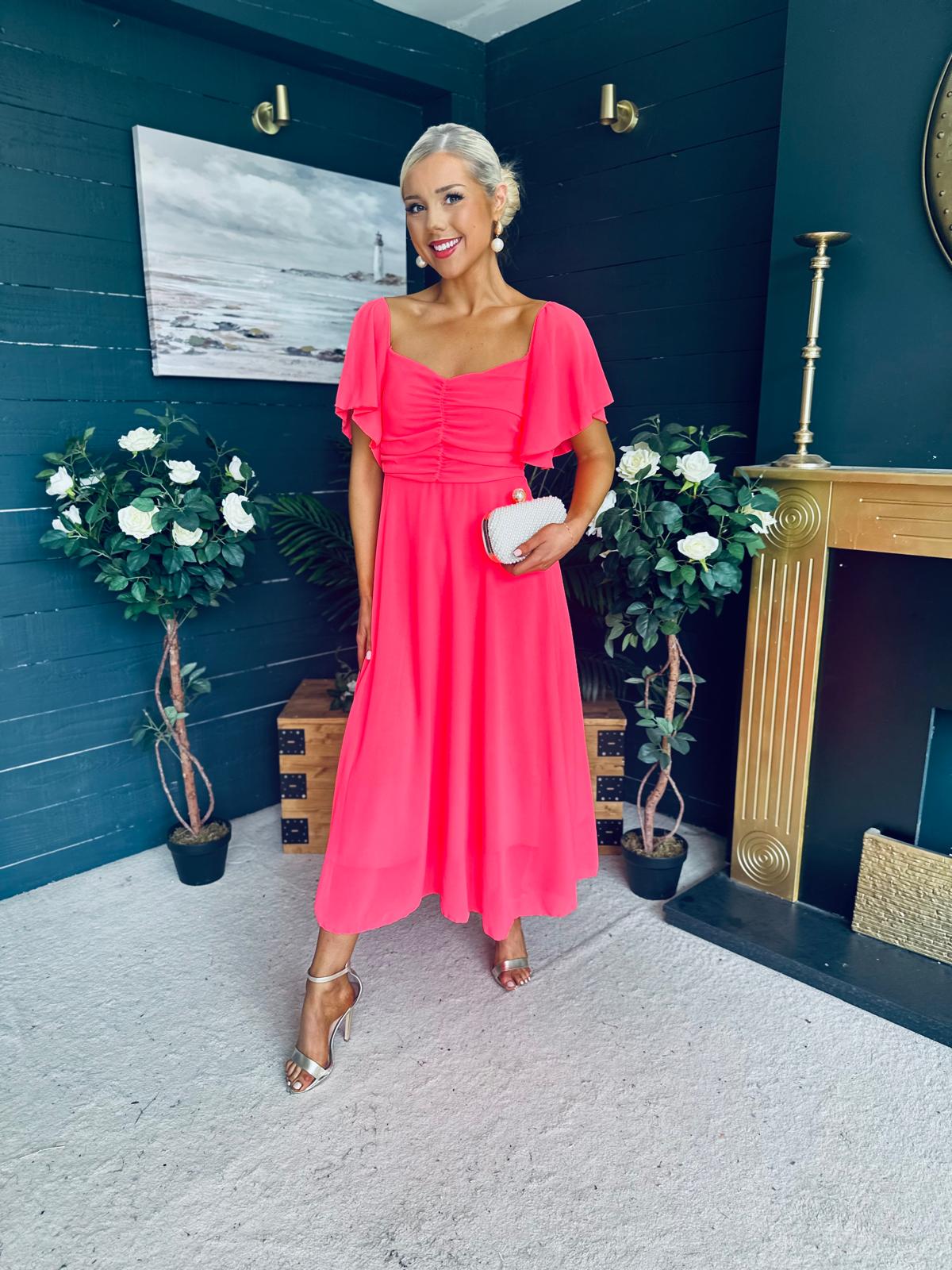 Orla Detailed Midi Dress Neon Pink