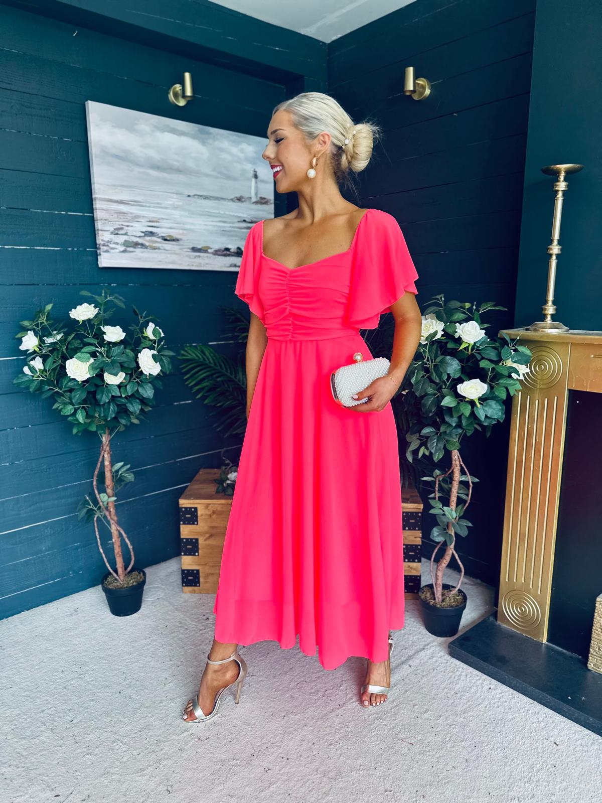Orla Detailed Midi Dress Neon Pink