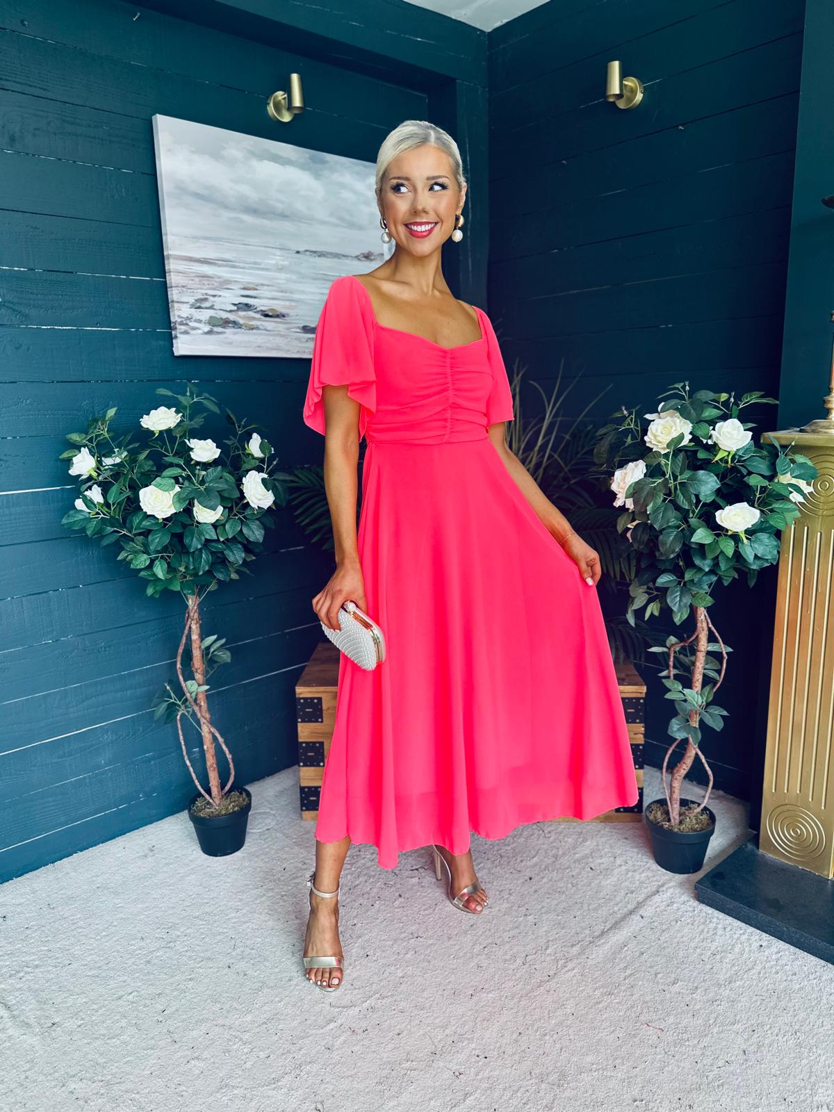 Orla Detailed Midi Dress Neon Pink