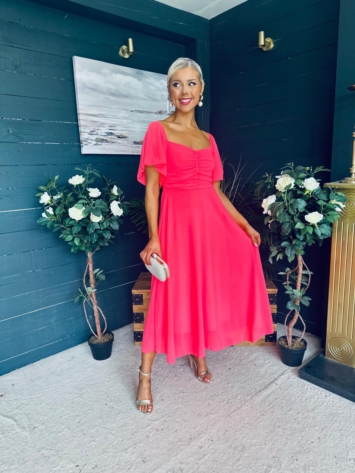 Orla Detailed Midi Dress Neon Pink