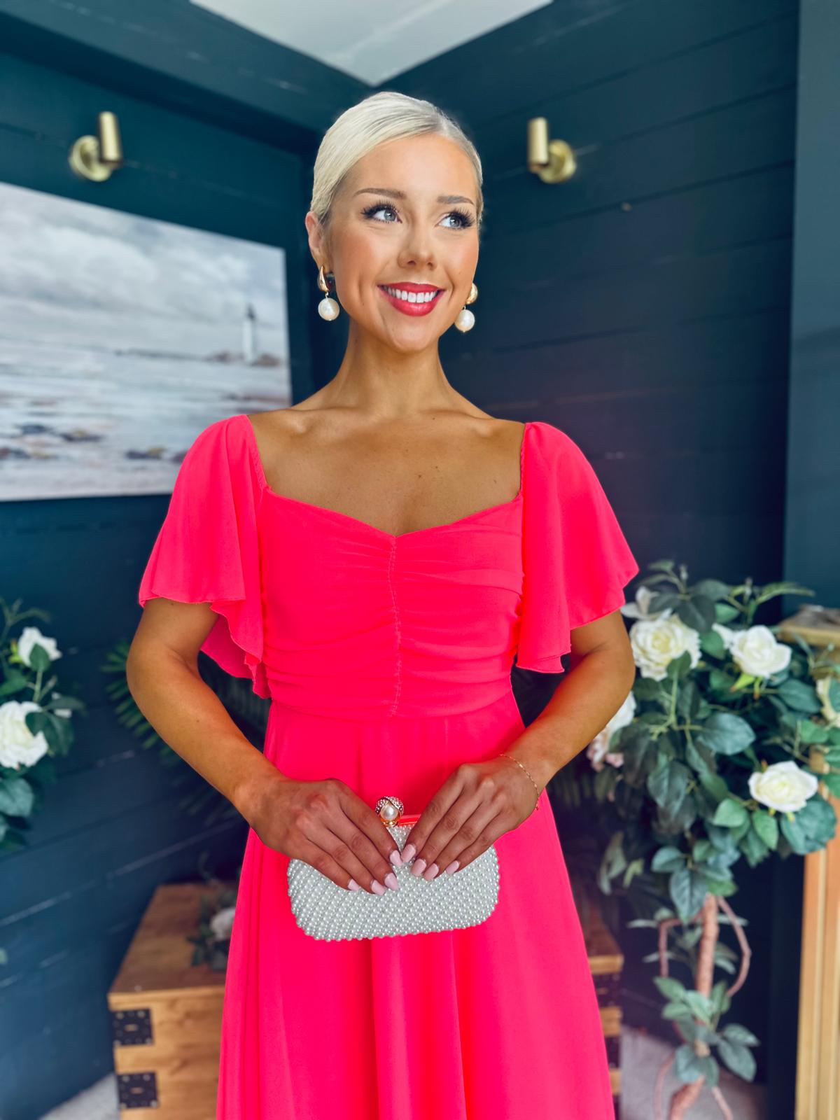 Orla Detailed Midi Dress Neon Pink