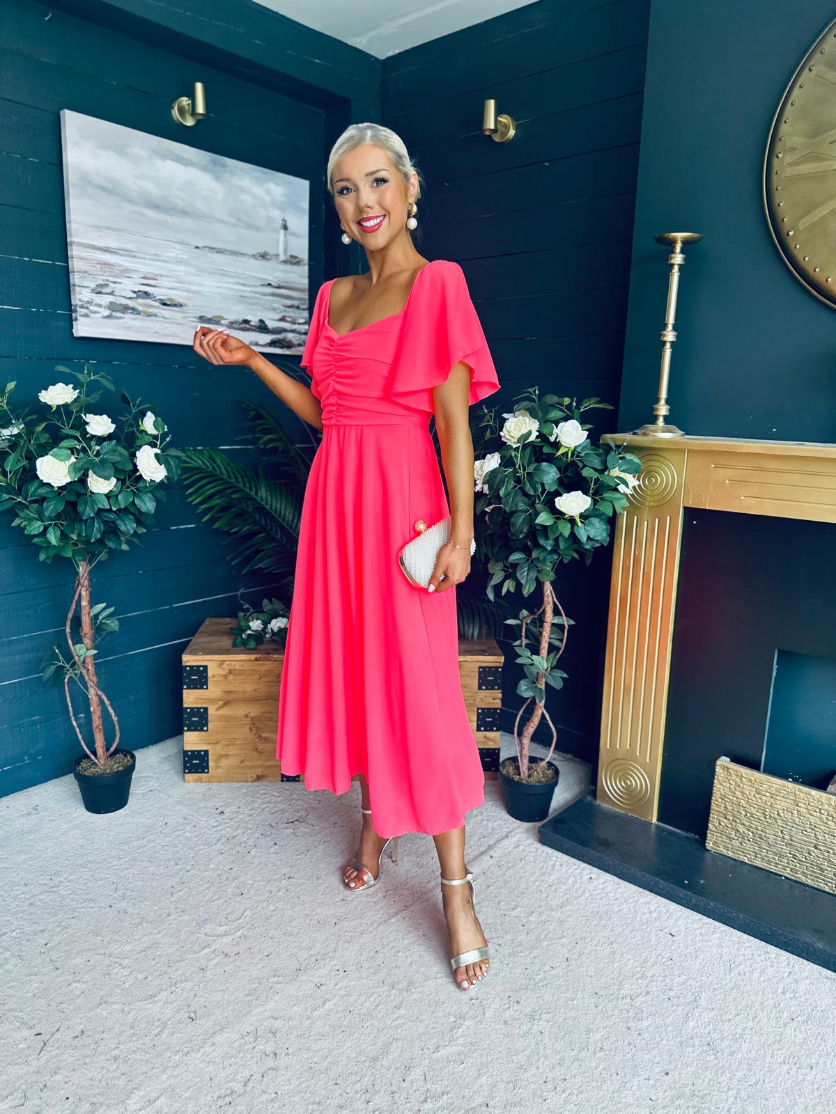 Orla Detailed Midi Dress Neon Pink