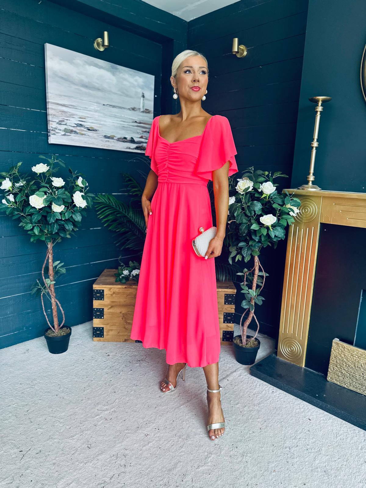 Orla Detailed Midi Dress Neon Pink