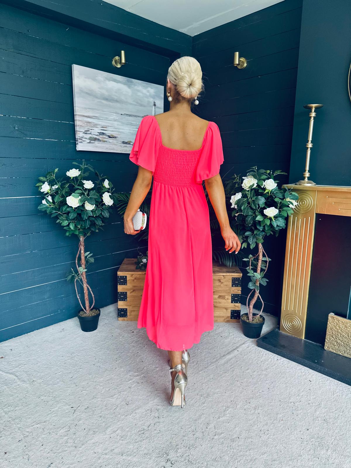 Orla Detailed Midi Dress Neon Pink