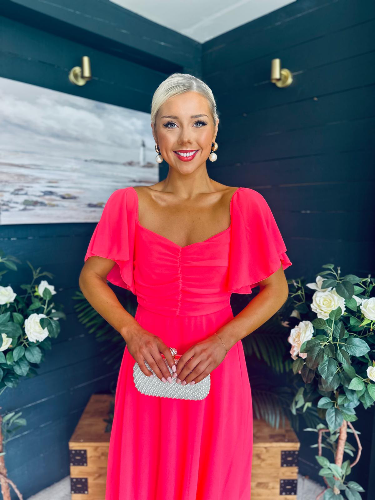 Orla Detailed Midi Dress Neon Pink