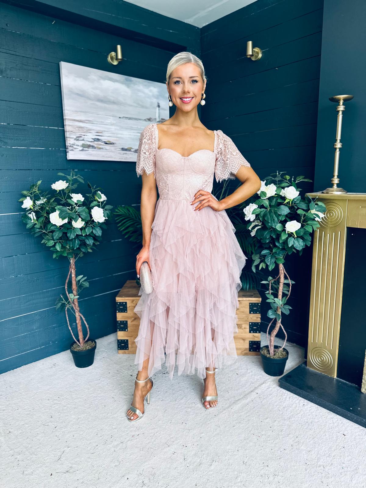 Delaney Occasion Tulle Midi Dress Blush