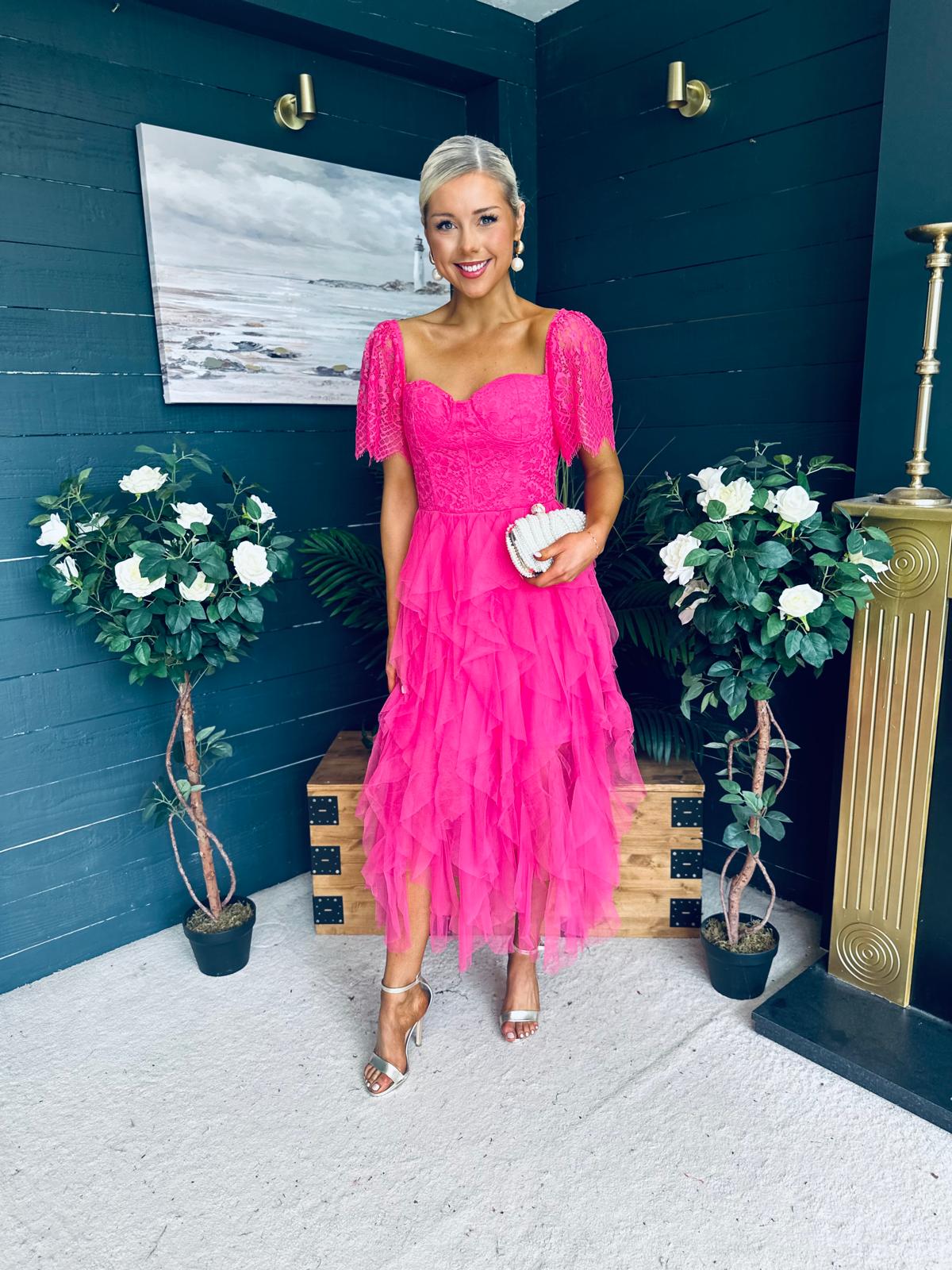 Delaney Occasion Tulle Midi Dress Fuchsia