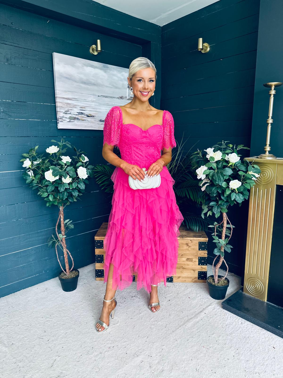 Delaney Occasion Tulle Midi Dress Fuchsia