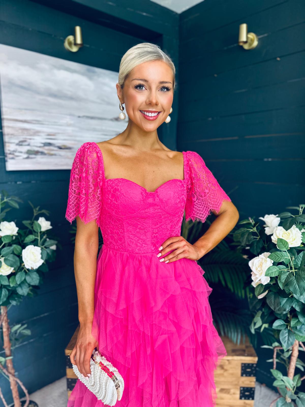 Delaney Occasion Tulle Midi Dress Fuchsia