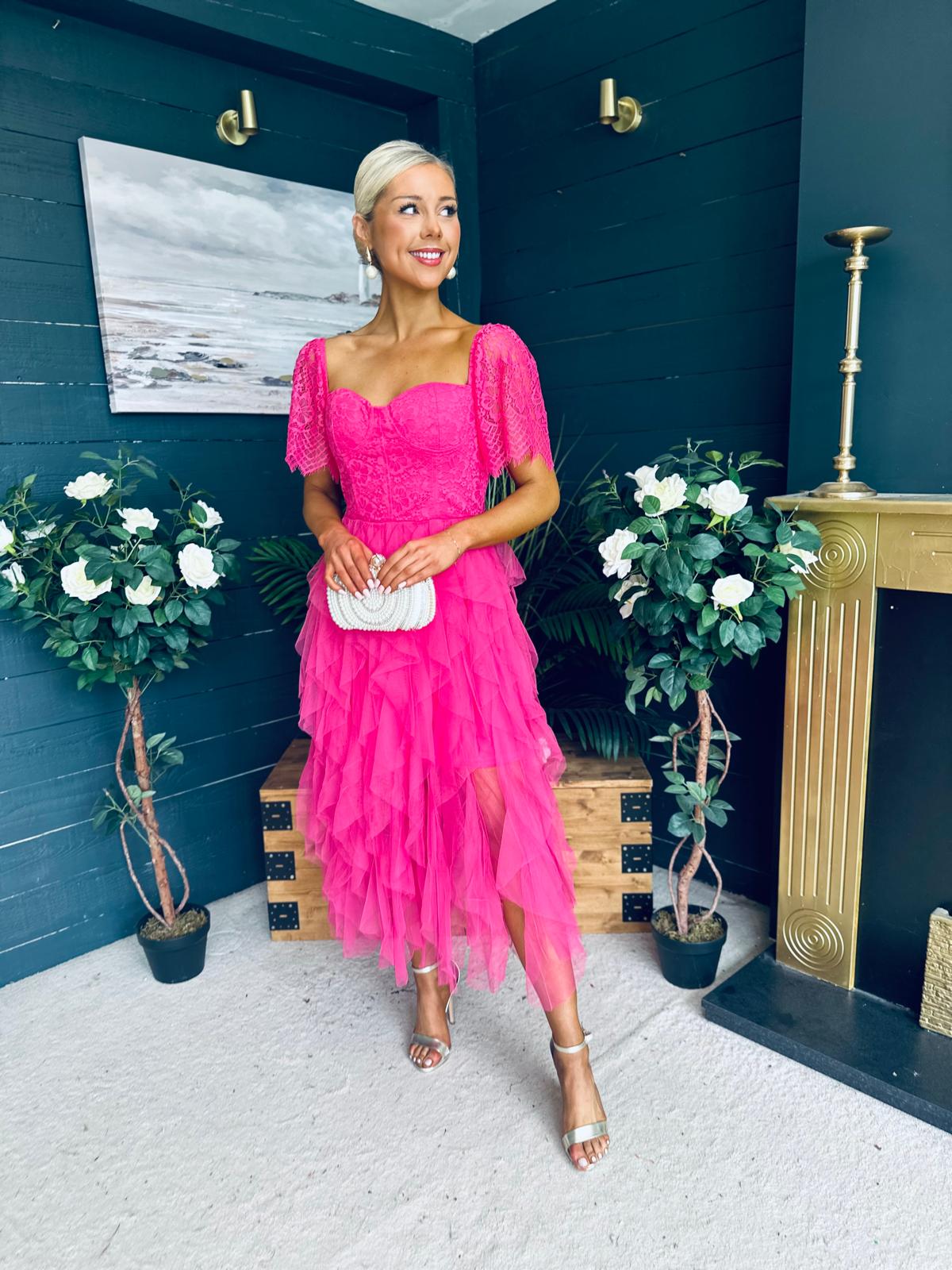 Delaney Occasion Tulle Midi Dress Fuchsia