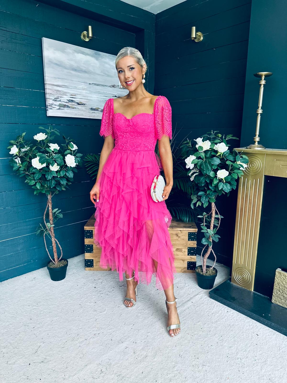 Delaney Occasion Tulle Midi Dress Fuchsia
