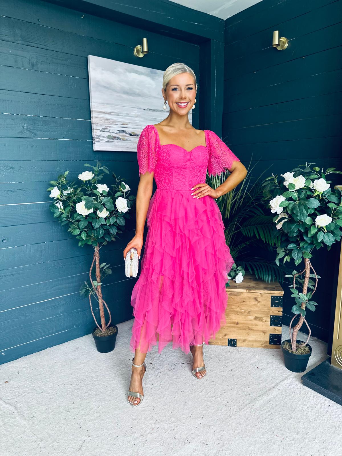 Delaney Occasion Tulle Midi Dress Fuchsia